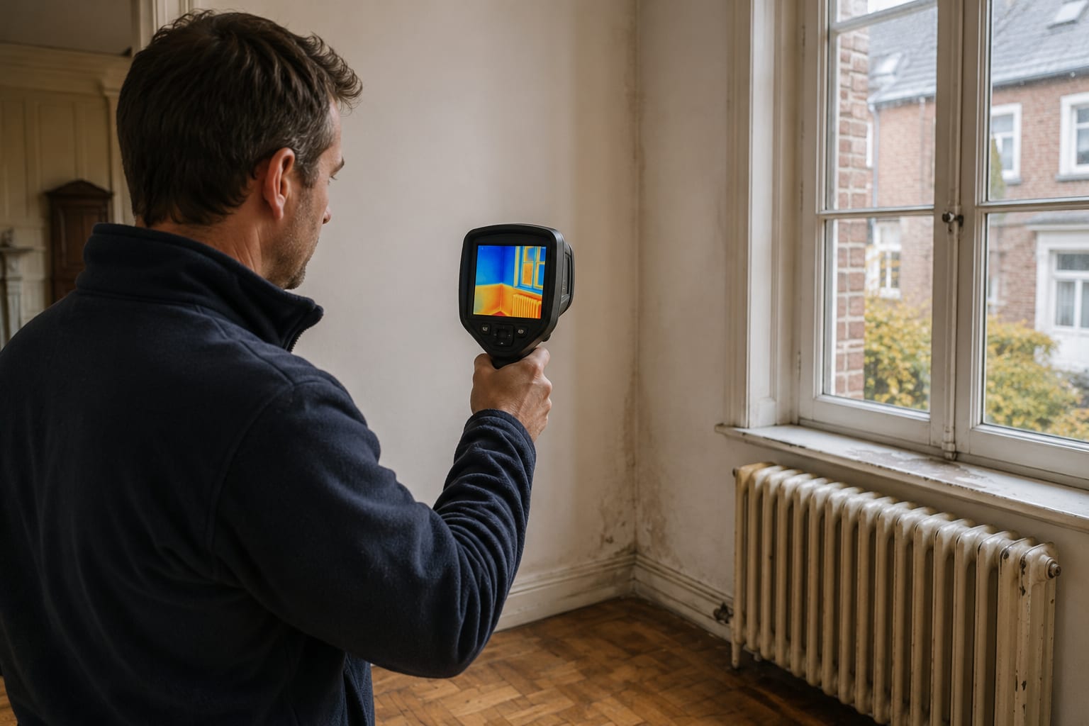 Auditeur agréé pointant une caméra thermique vers un mur — image infrarouge en fausses couleurs visible sur l'écran, déperditions thermiques au niveau de la fenêtre