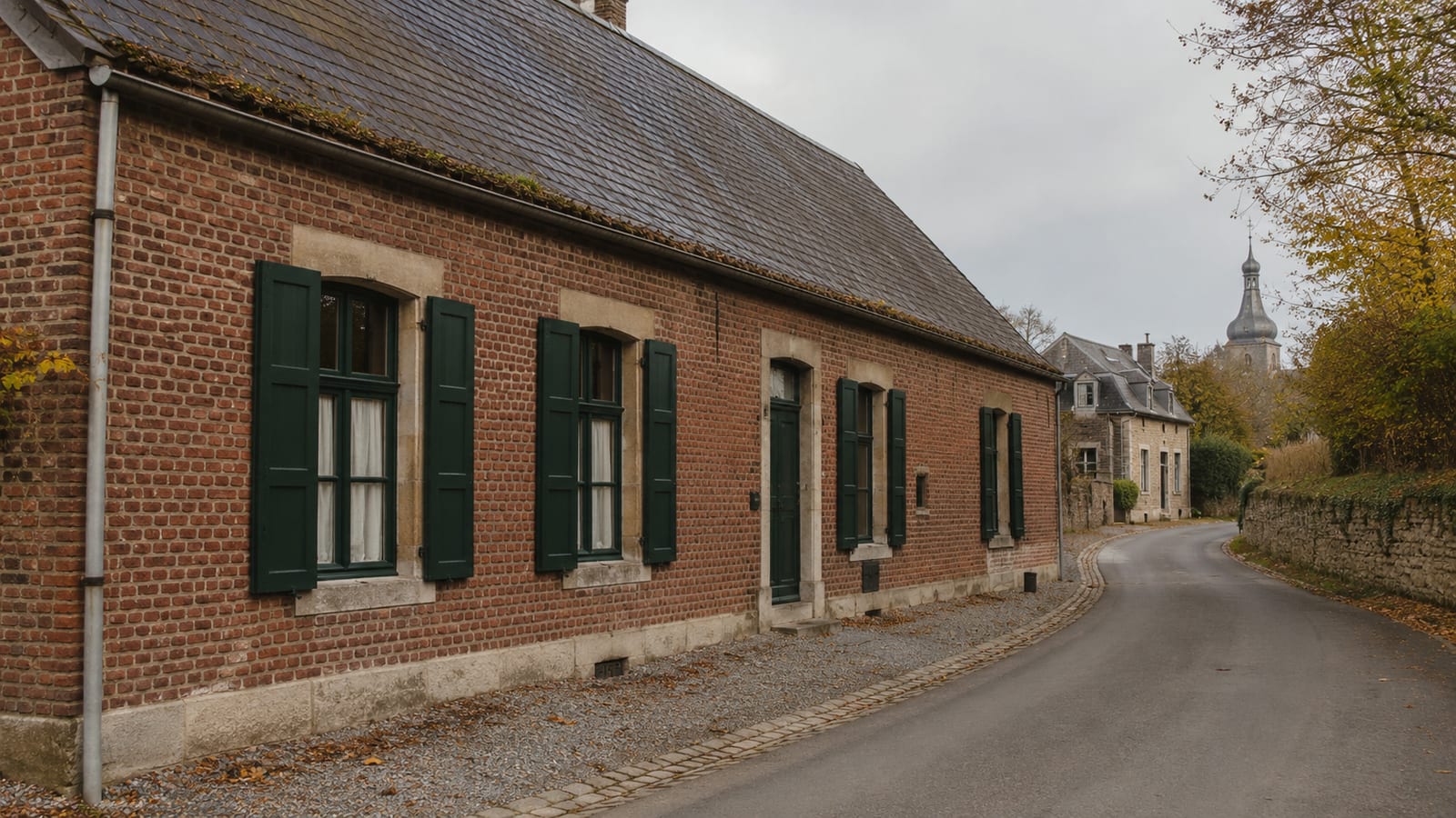 Longère wallonne typique — façade en brique rouge, encadrements en pierre bleue, volets verts, toit en ardoise naturelle, clocher de village en arrière-plan