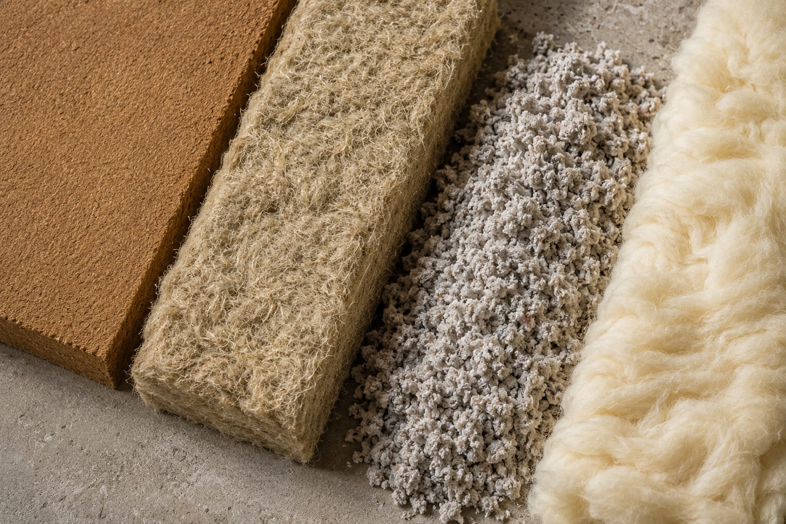 Quatre isolants biosourcés côte à côte — panneau de fibre de bois, laine de chanvre, ouate de cellulose, laine de mouton