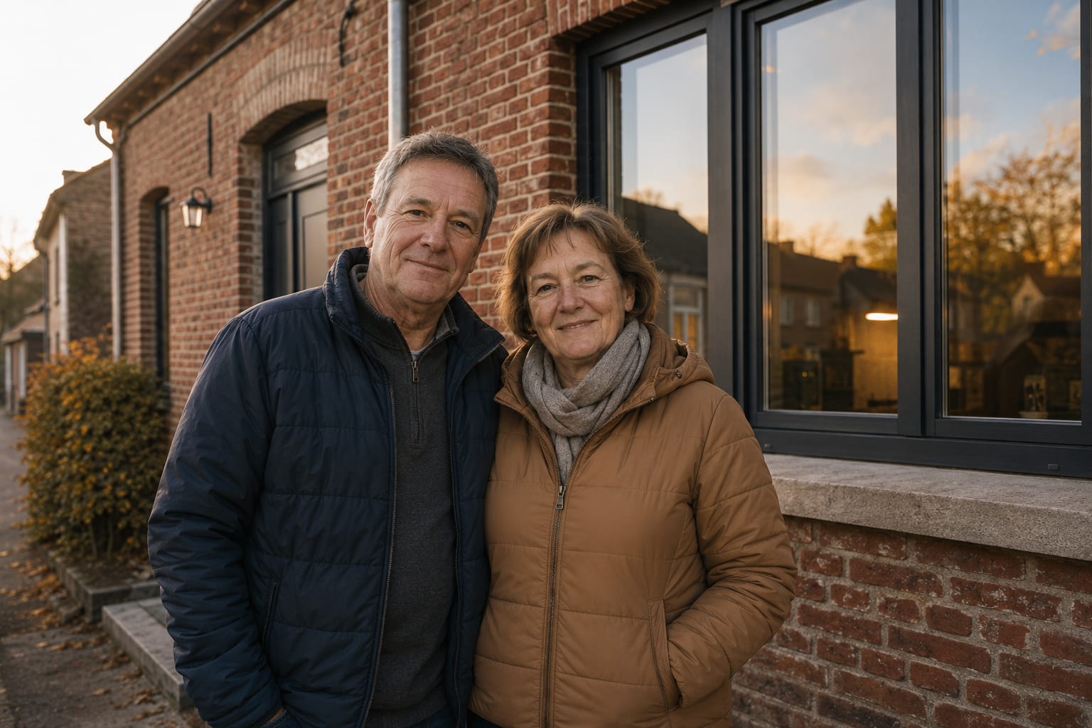 Sophie L. et son conjoint devant leur maison rénovée à Namur — fenêtre triple vitrage et briques d'origine