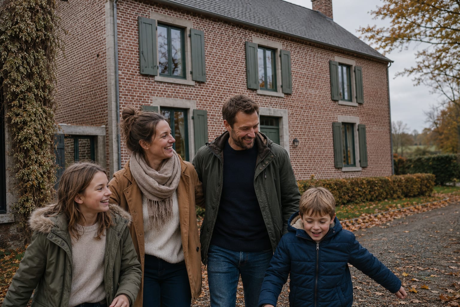 Marc, Élise et leurs deux enfants devant leur maison familiale à Liège après rénovation ITE + grenier